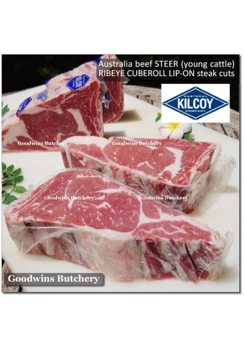 Beef Cuberoll Scotch-Fillet RIBEYE lip-on STEER (young cattle) aged 21days frozen Australia KILCOY BLUE DIAMOND roast mini 1/4 cuts 2" 5cm +/- 1kg (price/kg)